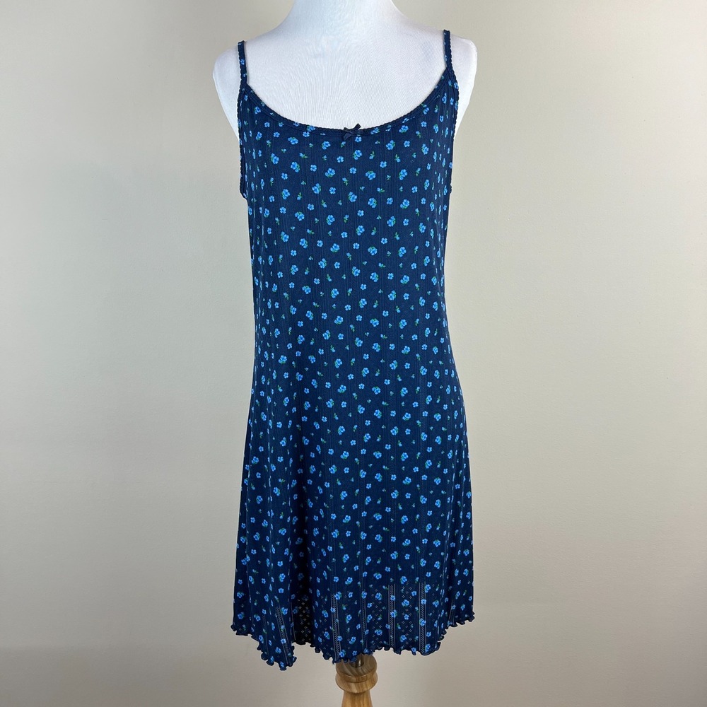 Victorias Secret Slip Dress Nightie Women Large Blue Floral Pointelle Ruffle Hem